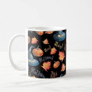 Halloween-nahtloses Muster mit Halbpenkürbis, Kaffeetasse