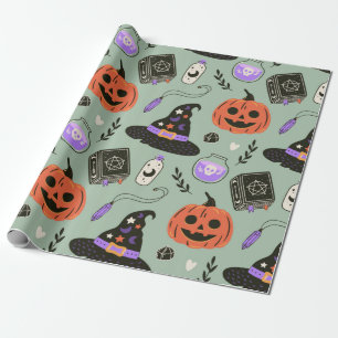 Halloween nahtloses Muster mit Hexenhut, Kürbis  Geschenkpapier