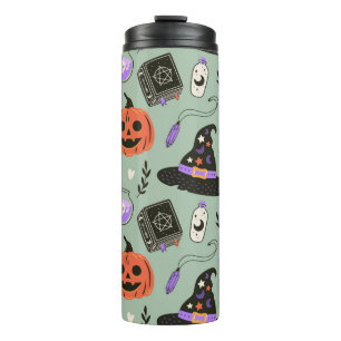 Halloween nahtloses Muster mit Hexenhut, Kürbis Thermosbecher