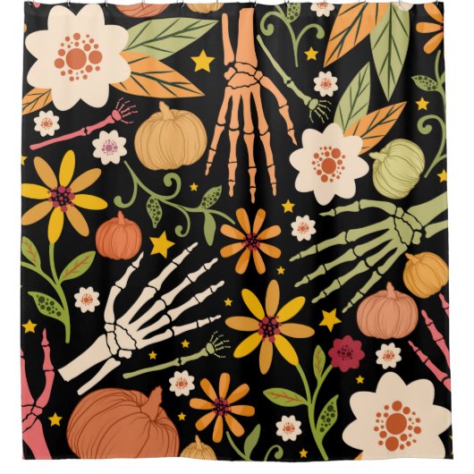 Halloween nahtloses Muster mit Knochen und Blumen Duschvorhang (Vorderseite)