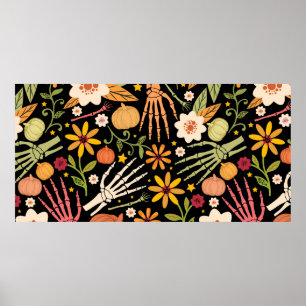 Halloween nahtloses Muster mit Knochen und Blumen  Poster
