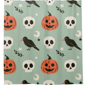 Halloween nahtloses Muster mit Raben, Schädeln und Duschvorhang