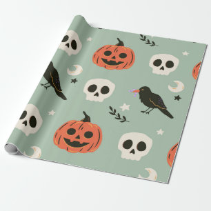 Halloween nahtloses Muster mit Raben, Schädeln und Geschenkpapier