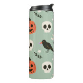 Halloween nahtloses Muster mit Raben, Schädeln und Thermosbecher (Nach links gedreht)