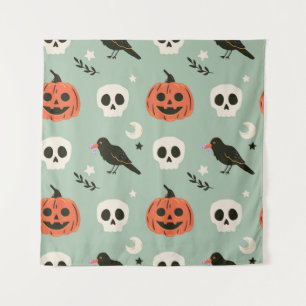Halloween nahtloses Muster mit Raben, Schädeln und Wandteppich