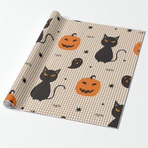 Halloween nahtloses Muster mit schwarzer Katze und Geschenkpapier