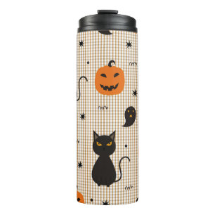 Halloween nahtloses Muster mit schwarzer Katze und Thermosbecher