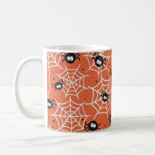 Halloween nahtloses Muster mit Spinnen und Web. Kaffeetasse (Links)