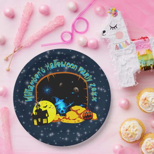 Halloween Name 20xx Höhle Blue Glow Skull Pumpkin Pappteller (Party)