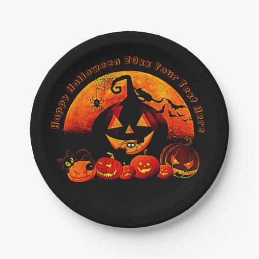 Halloween Name Jahr 20xx Glow Pumpkin Cat Web 7" Pappteller (Vorderseite)