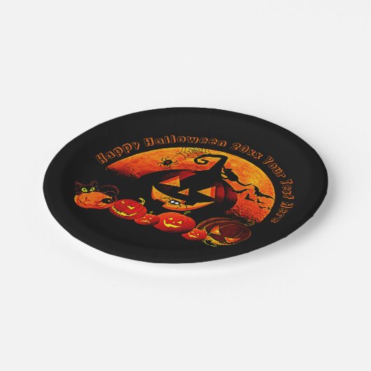 Halloween Name Jahr 20xx Glow Pumpkin Cat Web 7" Pappteller (Schrägansicht)