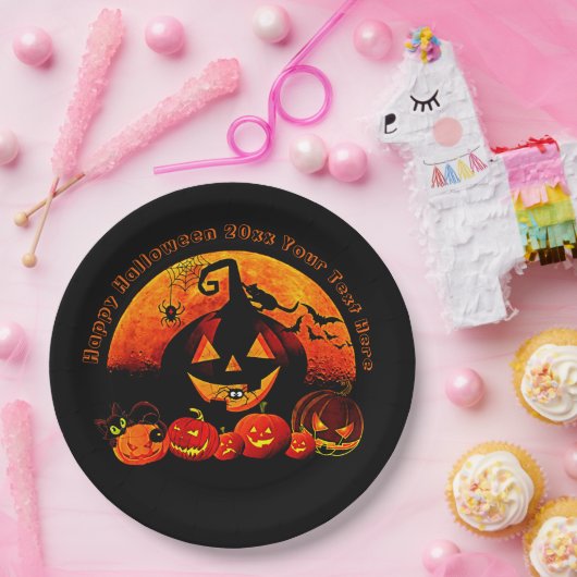 Halloween Name Jahr 20xx Glow Pumpkin Cat Web 9" Pappteller (Party)