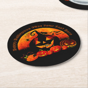 Halloween Name Jahr 20xx Glow Pumpkin Cat Web Runder Pappuntersetzer