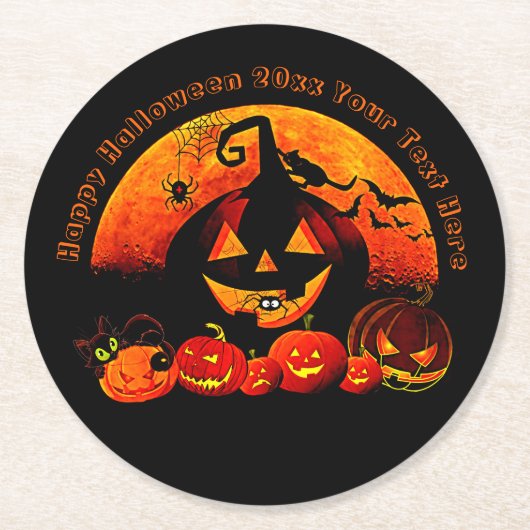 Halloween Name Jahr 20xx Glow Pumpkin Cat Web Runder Pappuntersetzer (Vorderseite)