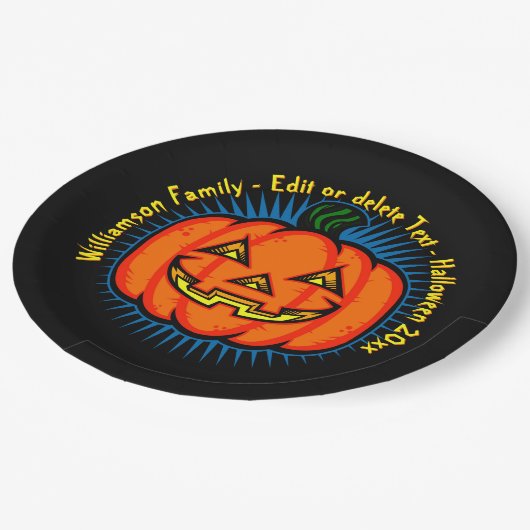 Halloween Name Jahr 20xx Neon Glow Look Pumpkin 9" Pappteller (Schrägansicht)