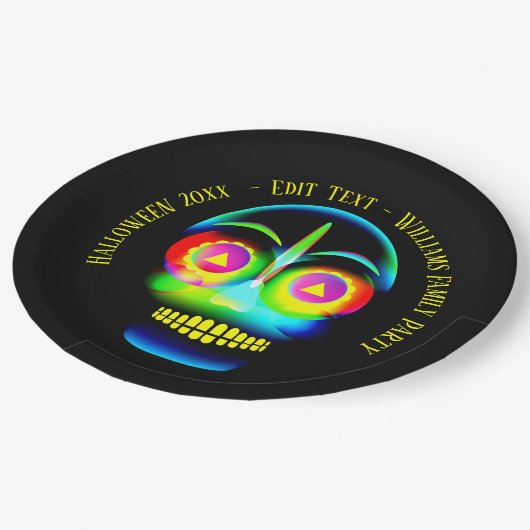 Halloween Name Year Neon Look Glow Blue Skull 9" Pappteller (Schrägansicht)