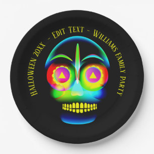 Halloween Name Year Neon Look Glow Blue Skull 9" Pappteller