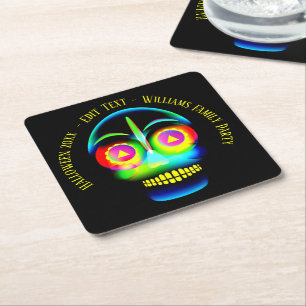 Halloween Name Year Neon Look Glow Blue Skull Rechteckiger Pappuntersetzer