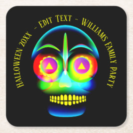 Halloween Name Year Neon Look Glow Blue Skull Rechteckiger Pappuntersetzer