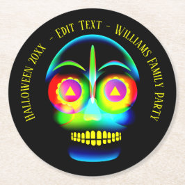 Halloween Name Year Neon Look Glow Blue Skull Runder Pappuntersetzer