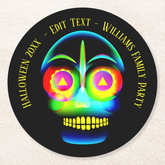 Halloween Name Year Neon Look Glow Blue Skull Runder Pappuntersetzer (Vorderseite)