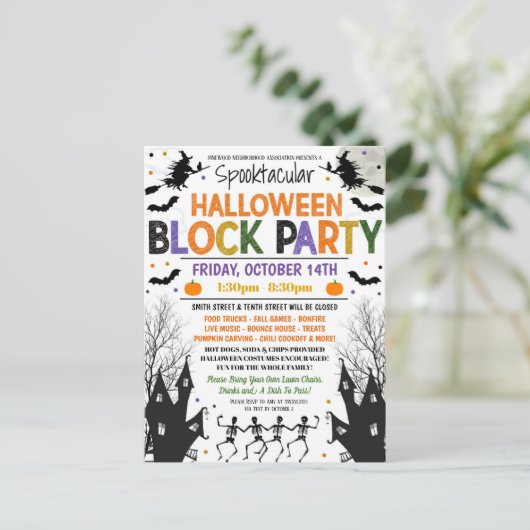 Halloween Neighhood Block Party Einladung Postkarte (Stehend Vorderseite)