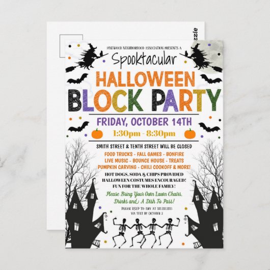 Halloween Neighhood Block Party Einladung Postkarte (Vorne/Hinten)