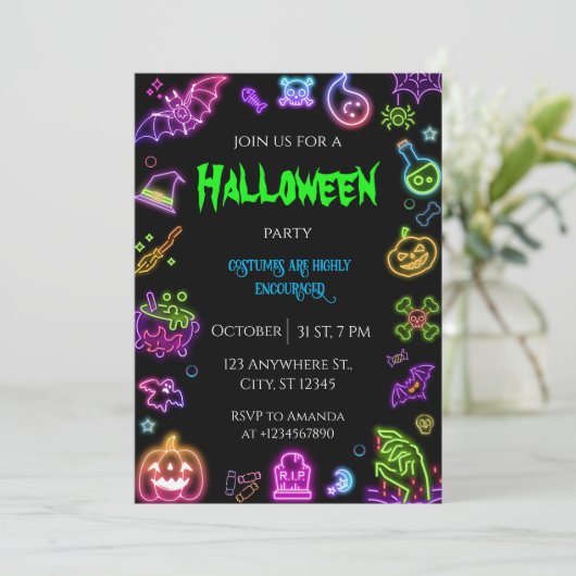 Halloween Neon Costume Party Einladung (Stehend Vorderseite)
