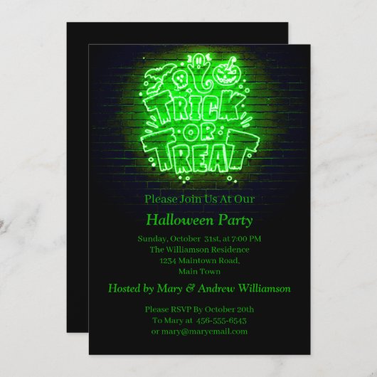 Halloween Neon Glow Look Green Trick Leckerei Part Einladung (Vorne/Hinten)