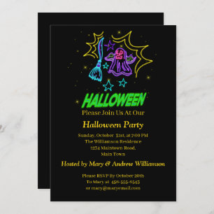 Halloween Neon Glow Look Lila Ghost Broom Party Einladung