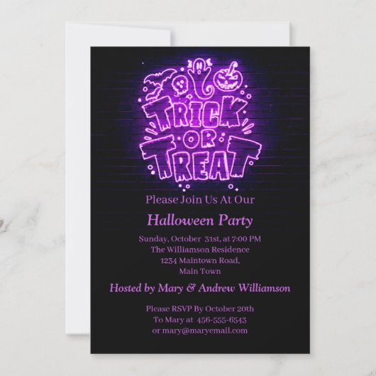 Halloween Neon Glow Look Lila Trick Leckerei Party Einladung (Vorderseite)