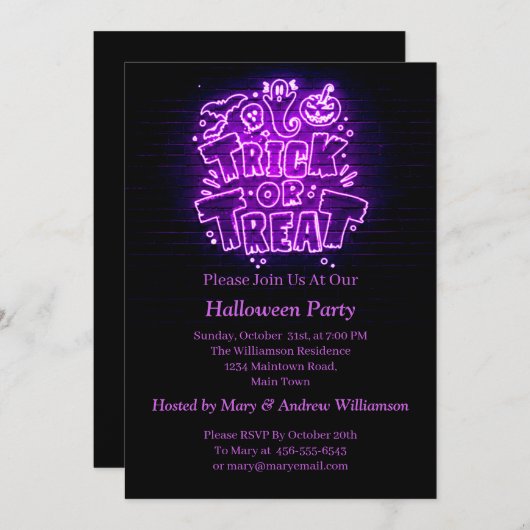 Halloween Neon Glow Look Lila Trick Leckerei Party Einladung (Vorne/Hinten)