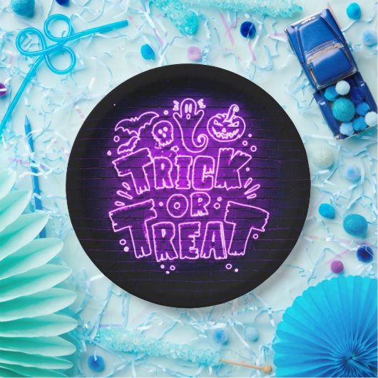 Halloween Neon Glow Look Lila Trick Leckerei Party Pappteller (Party)