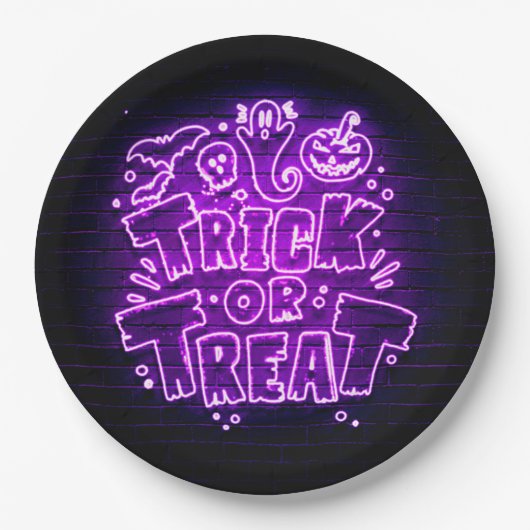 Halloween Neon Glow Look Lila Trick Leckerei Party Pappteller (Vorderseite)