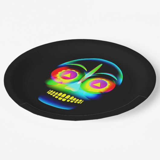 Halloween Neon Look Glow Blue Yellow Skull 9" Pappteller (Schrägansicht)