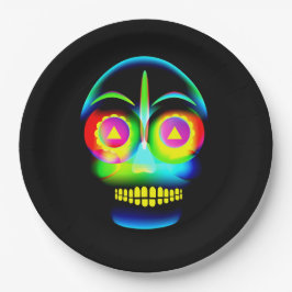 Halloween Neon Look Glow Blue Yellow Skull 9" Pappteller