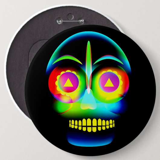 Halloween Neon Look Glow Blue Yellow Skull Button (Vorne & Hinten)