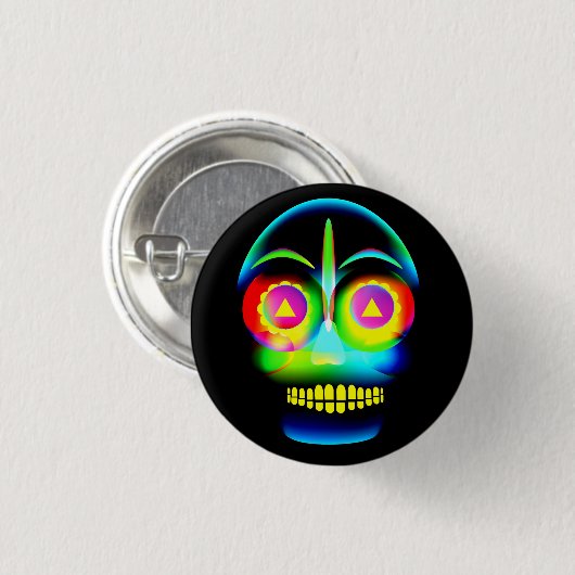 Halloween Neon Look Glow Blue Yellow Skull Button (Vorne & Hinten)