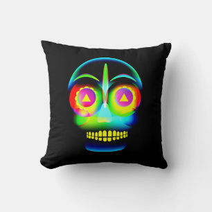 Halloween Neon Look Glow Blue Yellow Skull Kissen