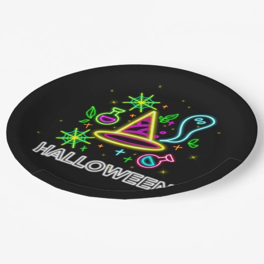 Halloween Neon Look Hat Ghost Web Party 9" Pappteller (Schrägansicht)