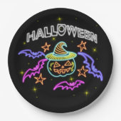 Halloween Neon Look Pumpkin Hat Bats Party 9" Pappteller (Vorderseite)