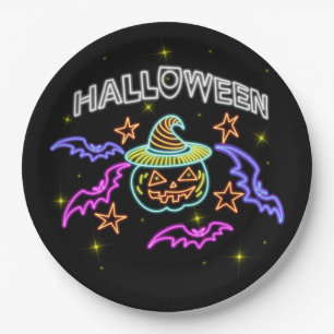 Halloween Neon Look Pumpkin Hat Bats Party 9" Pappteller