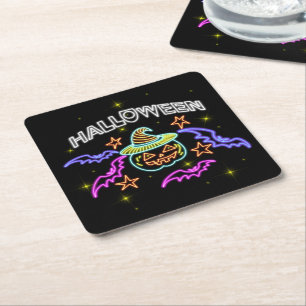 Halloween Neon Look Pumpkin Hat Fledermats Party Rechteckiger Pappuntersetzer