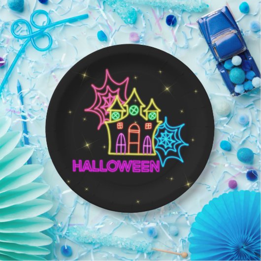 Halloween Neon Look Spuk House Spider Web 9" Pappteller (Party)
