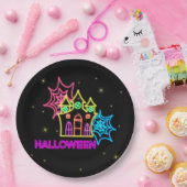 Halloween Neon Look Spuk House Spider Web 9" Pappteller (Party)