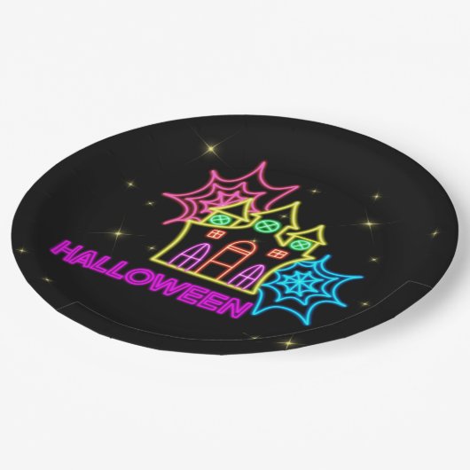 Halloween Neon Look Spuk House Spider Web 9" Pappteller (Schrägansicht)