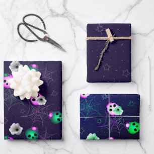 Halloween Neon Pink und Grüne Glühschädel Geschenkpapier Set