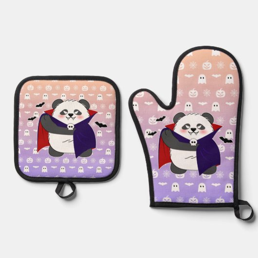Halloween Niedlich Baby Panda Dracula Vampire Ofenhandschuh & Topflappen-Set (Vorderseite)