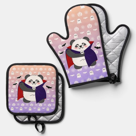Halloween Niedlich Baby Panda Dracula Vampire Ofenhandschuh & Topflappen-Set (Vorderseite/Rückseite)