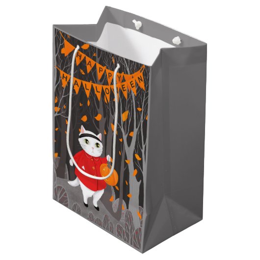 Halloween Niedlich Cat & Jack-o’-Laternenkürbis Mittlere Geschenktüte (Vorderseite Schrägansicht)